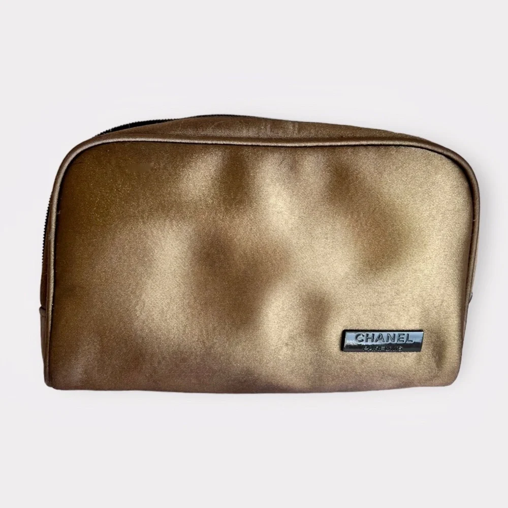 Chanel Parfums Satin Cosmetics Bag Clutch Bronze and Black Zip Up